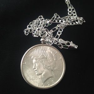 Antique 1923 Silver Dollar Coin, 18in 925 Chain